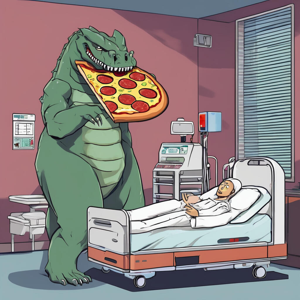 Monster eating pizza over hospital bed